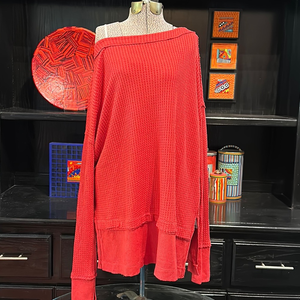 We The Free Oversized Red Waffle Top